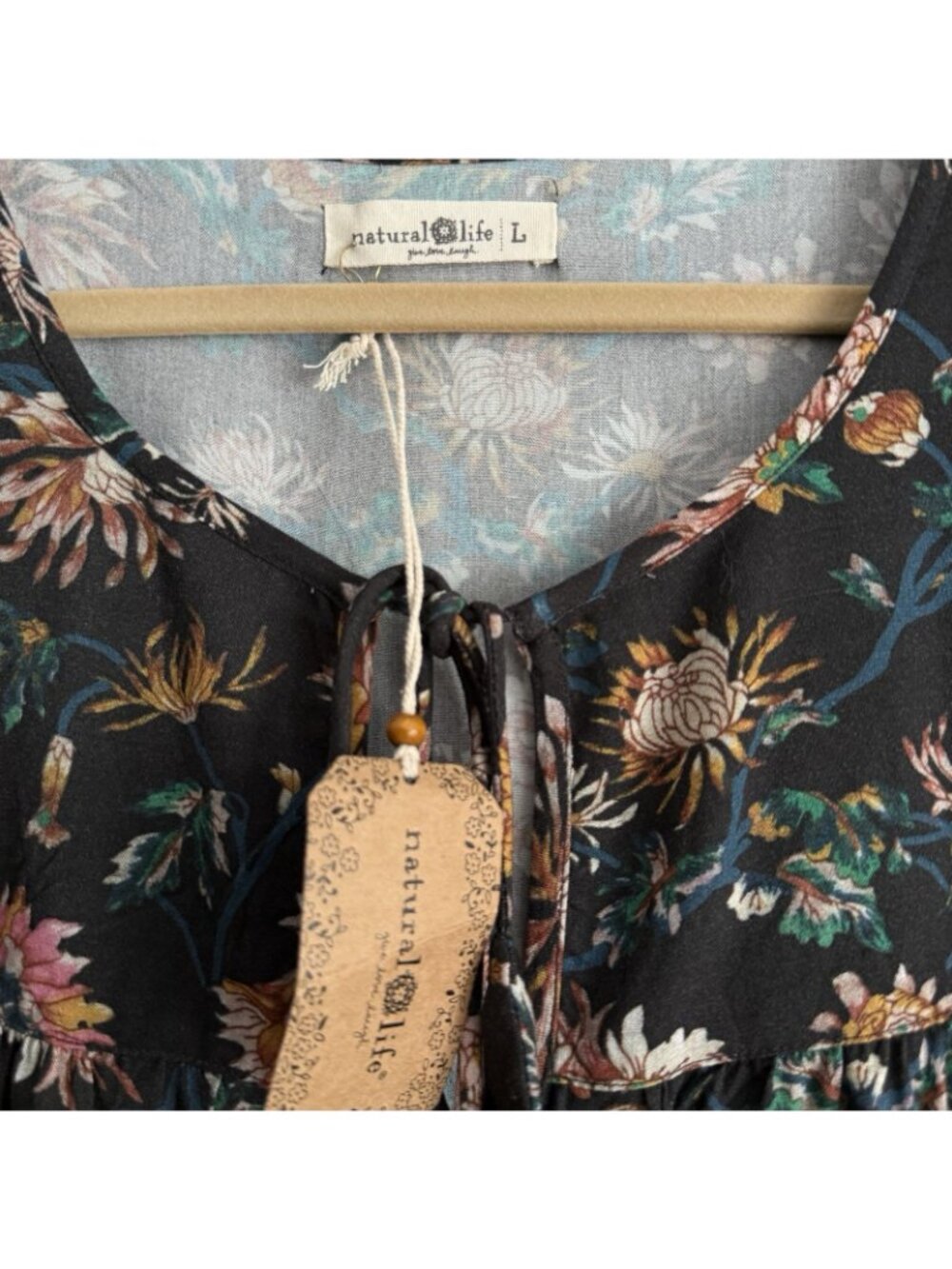 Natural Life Maribel Black Floral Top Boho Festival Prairie Peasant - Picture 4 of 5